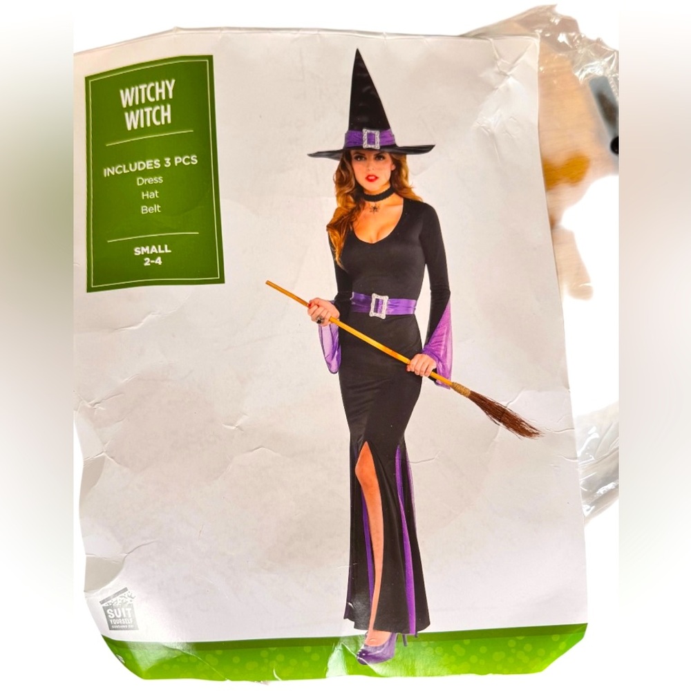 Classy Witch Halloween black Costume, Hat, belt. long grown front slit, small